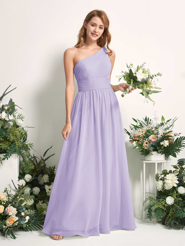 Bridesmaid Dress A-line Chiffon One Shoulder Full Length Sleeveless Wedding Party Dress - Lilac (81226714)