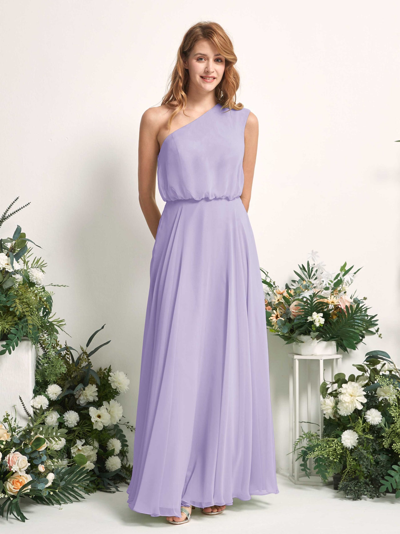 Bridesmaid Dress A-line Chiffon One Shoulder Full Length Sleeveless Wedding Party Dress - Lilac (81226814)#color_lilac
