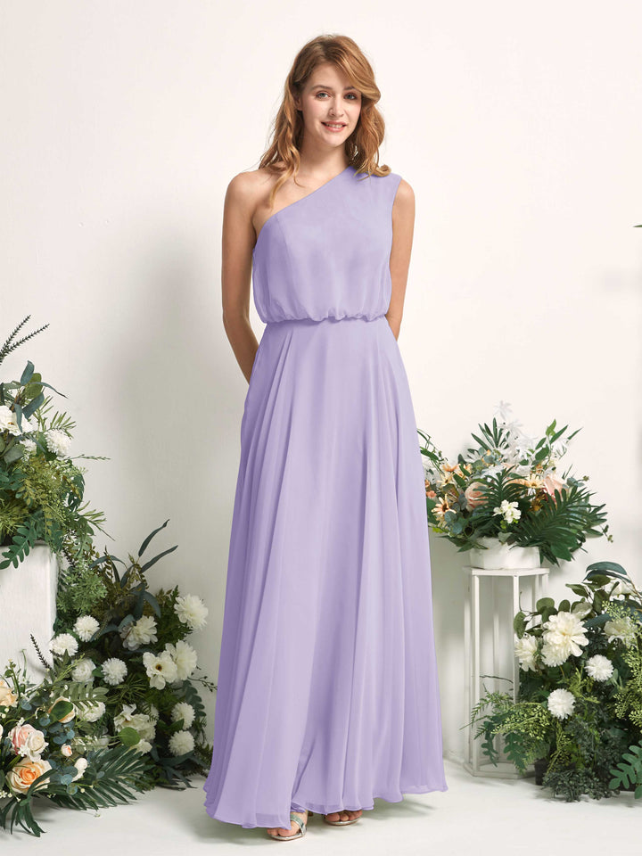 Bridesmaid Dress A-line Chiffon One Shoulder Full Length Sleeveless Wedding Party Dress - Lilac (81226814)