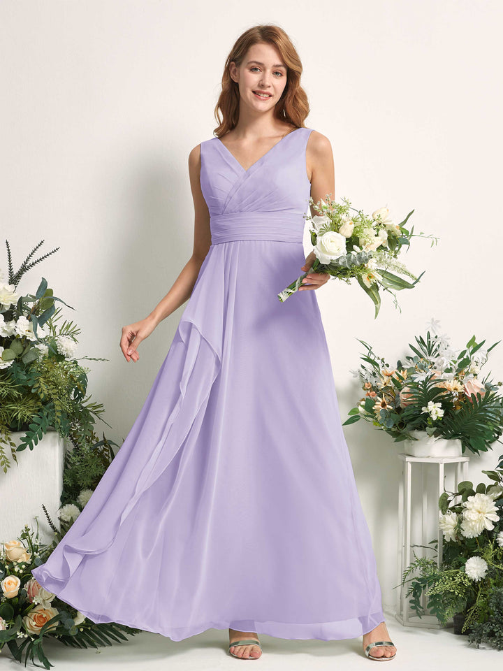 Bridesmaid Dress A-line Chiffon V-neck Full Length Sleeveless Wedding Party Dress - Lilac (81227114)