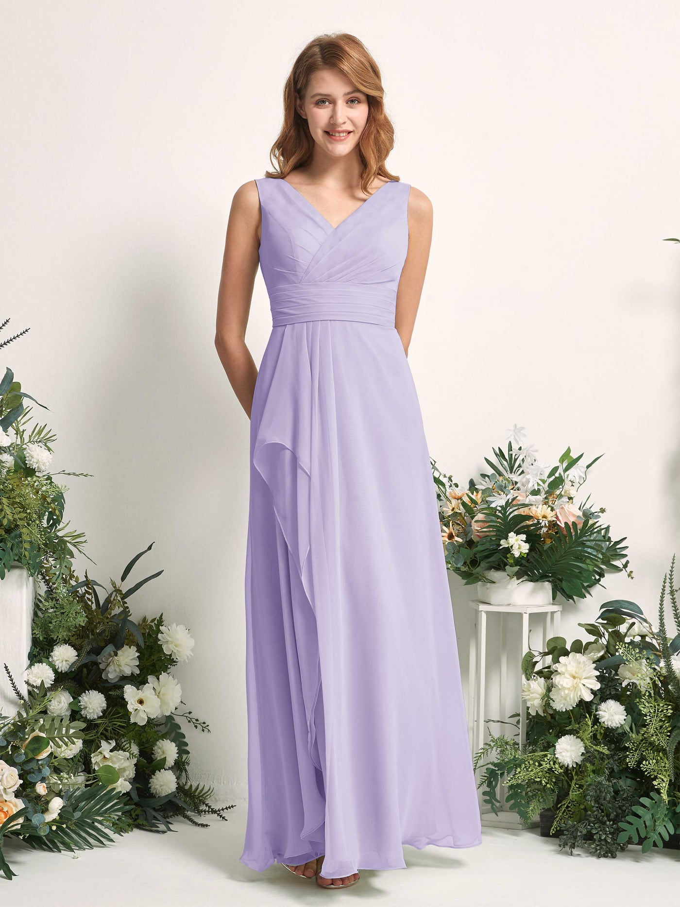 Bridesmaid Dress A-line Chiffon V-neck Full Length Sleeveless Wedding Party Dress - Lilac (81227114)#color_lilac