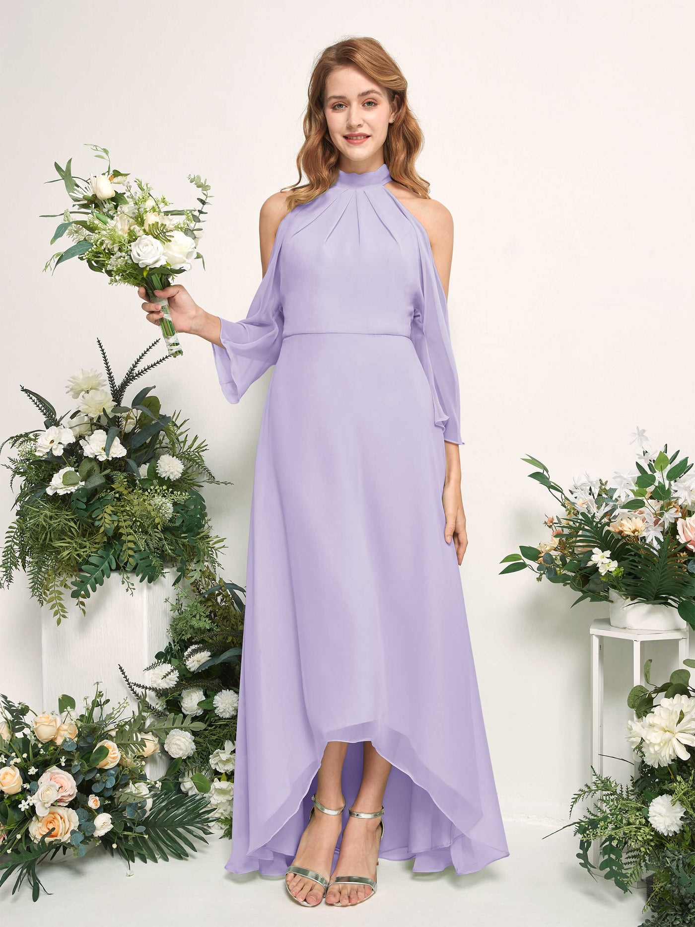 Bridesmaid Dress A-line Chiffon Halter High Low 3/4 Sleeves Wedding Party Dress - Lilac (81227614)#color_lilac