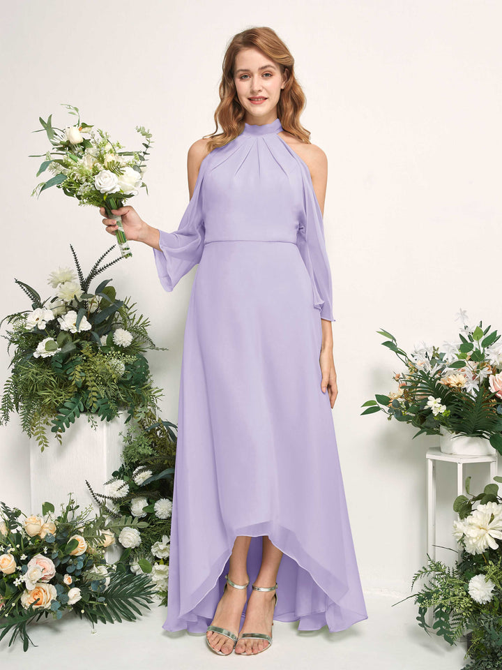 Bridesmaid Dress A-line Chiffon Halter High Low 3/4 Sleeves Wedding Party Dress - Lilac (81227614)