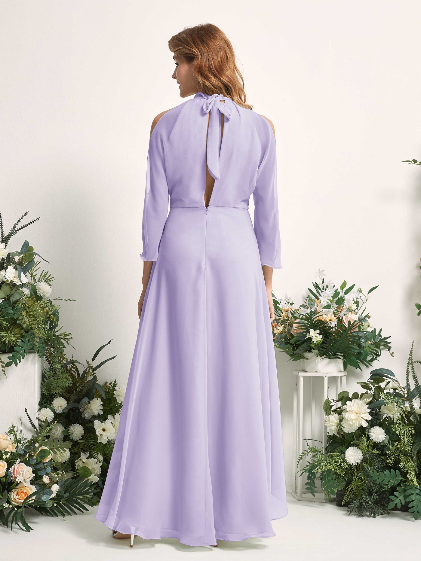 Bridesmaid Dress A-line Chiffon Halter High Low 3/4 Sleeves Wedding Party Dress - Lilac (81227614)#color_lilac
