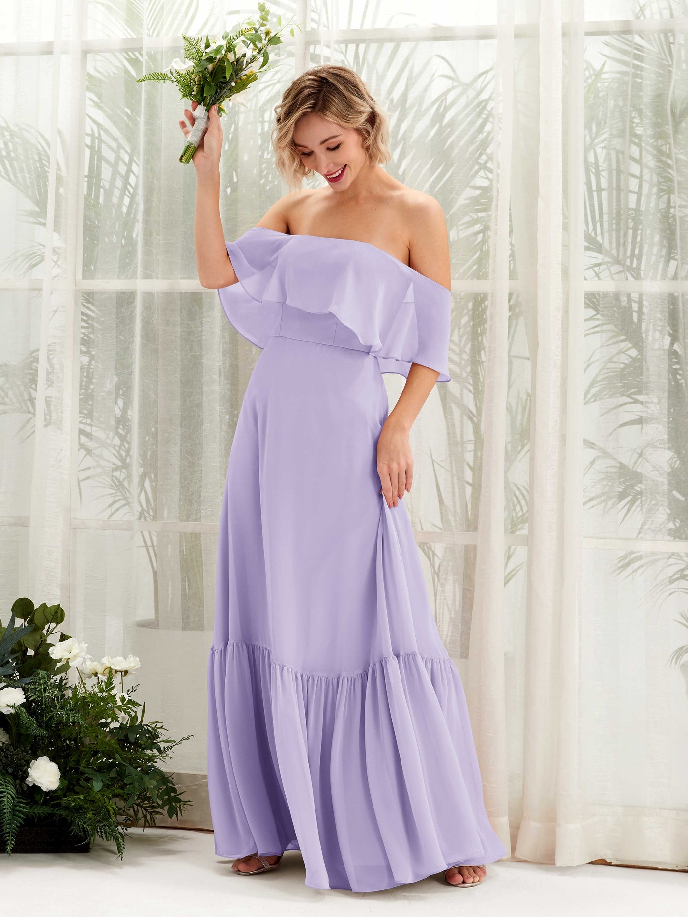 Lilac Bridesmaid Dresses Bridesmaid Dress A-line Chiffon Off Shoulder Full Length Sleeveless Wedding Party Dress (81224514)#color_lilac