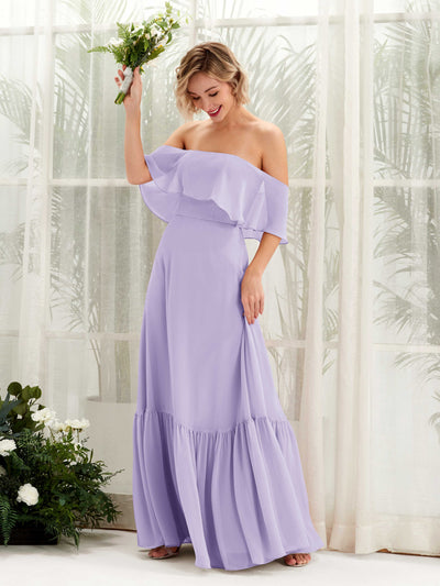 Carlyna Joie A-Line Lilac Bridesmaid Dress Maxi Sleeveless Off the Shoulder Dress Front View #color_lilac