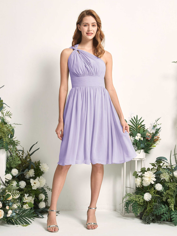 Bridesmaid Dress A-line Chiffon One Shoulder Knee Length Sleeveless Wedding Party Dress - Lilac (81221214)