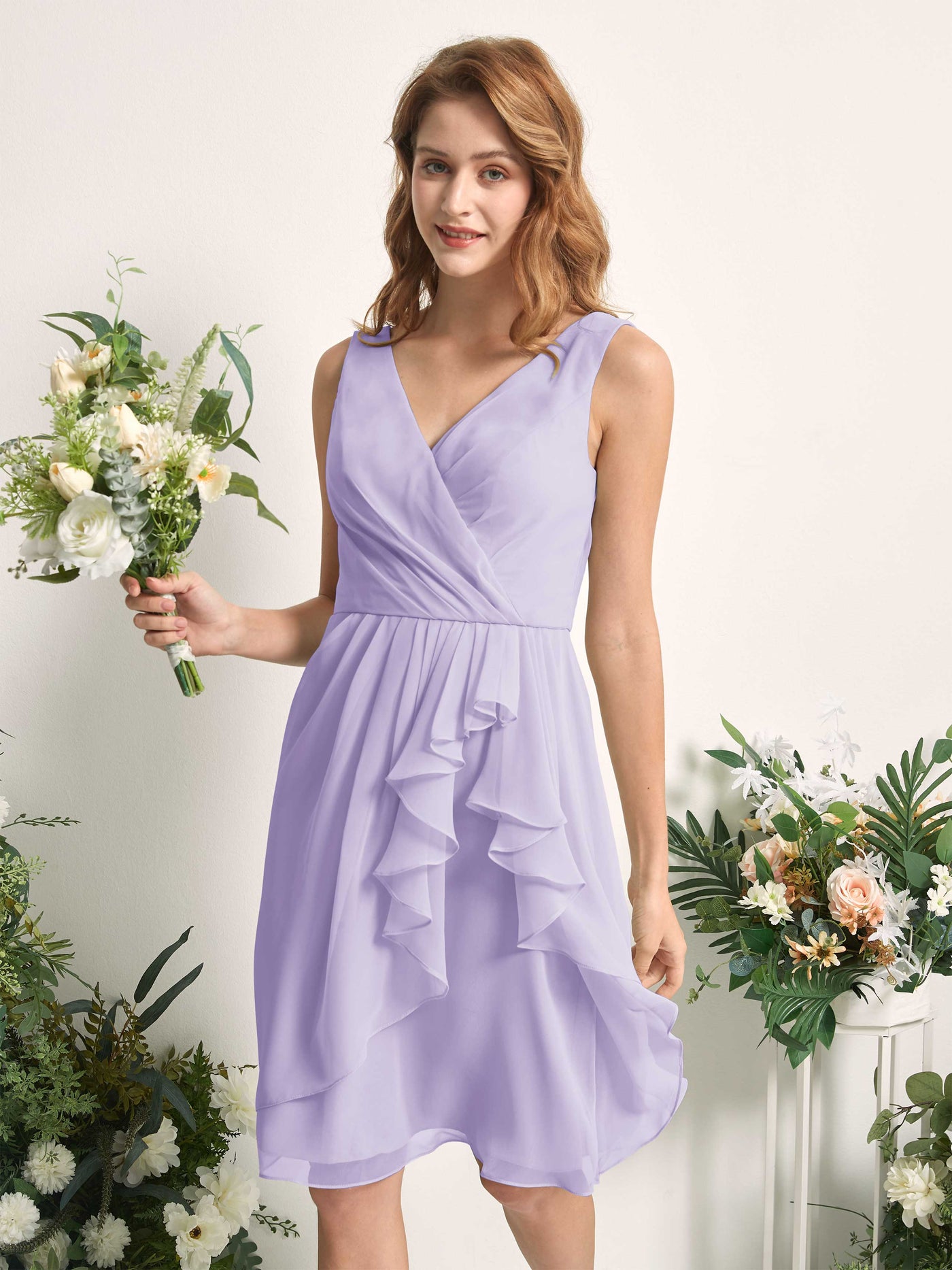 Bridesmaid Dress A-line Chiffon Straps Knee Length Sleeveless Wedding Party Dress - Lilac (81226614)#color_lilac