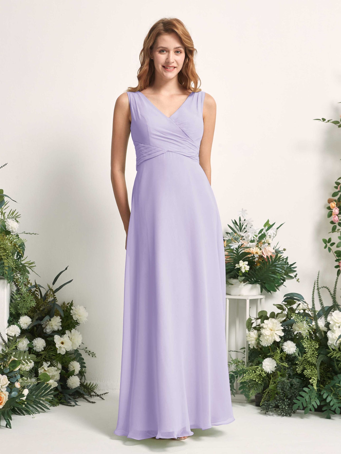 Bridesmaid Dress A-line Chiffon Straps Full Length Sleeveless Wedding Party Dress - Lilac (81227314)#color_lilac