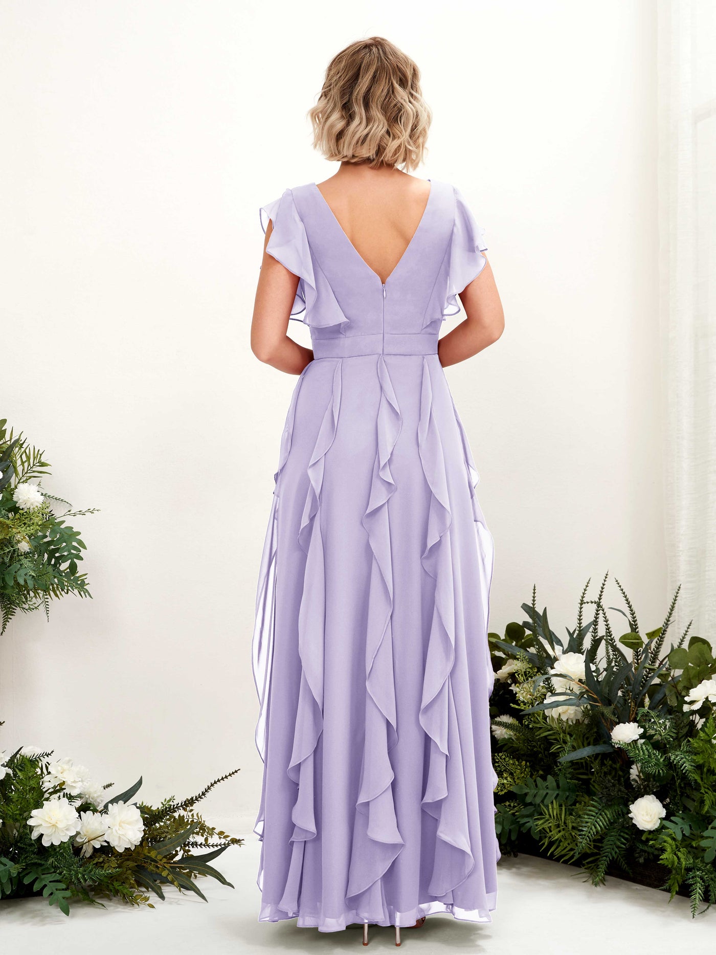 A-line Open back V-neck Short Sleeves Chiffon Bridesmaid Dress - Lilac (81226014)#color_lilac