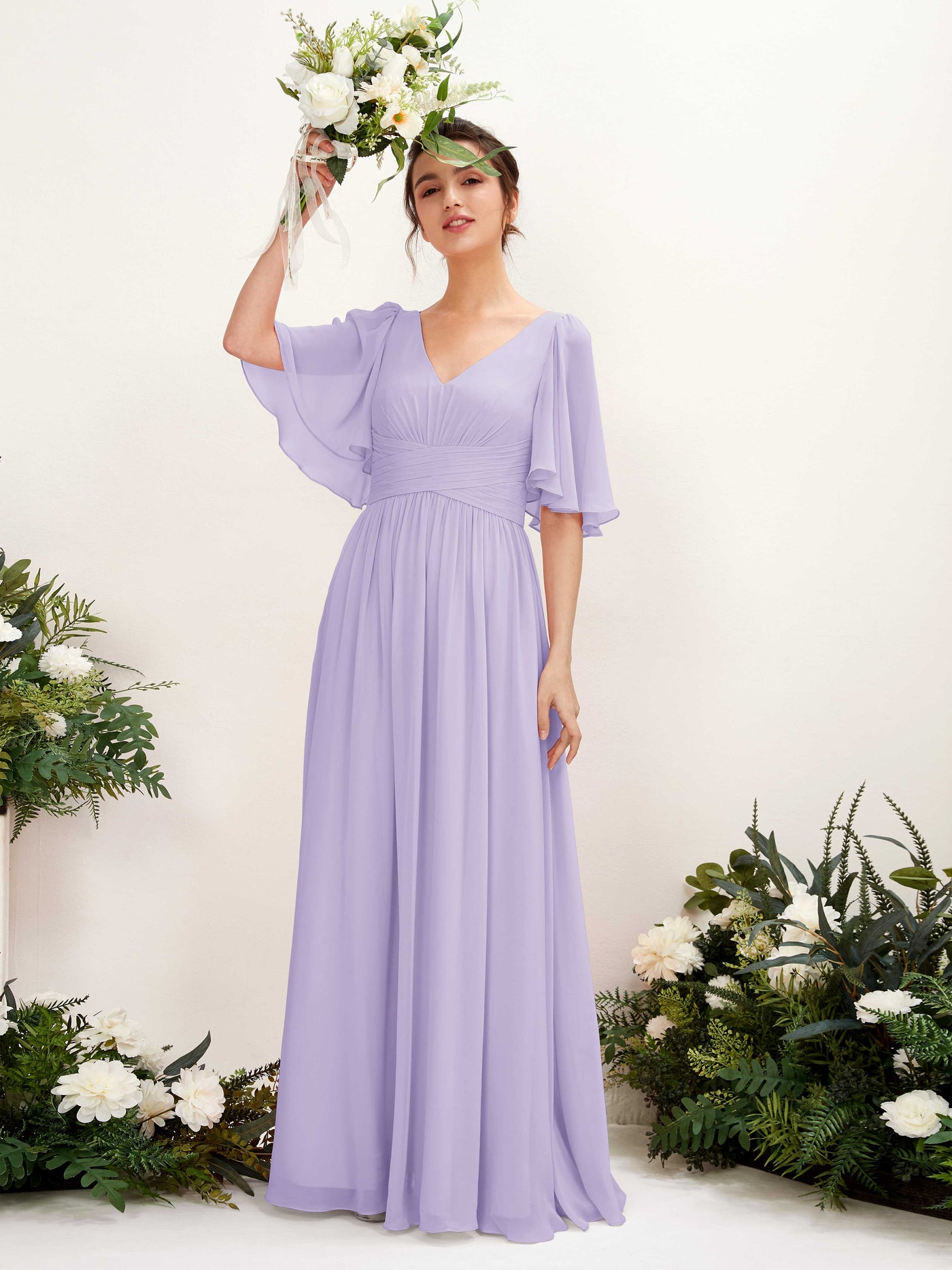 Lilac Bridesmaid Dresses Bridesmaid Dress A-line Chiffon V-neck Full Length 1/2 Sleeves Wedding Party Dress (81221614)#color_lilac