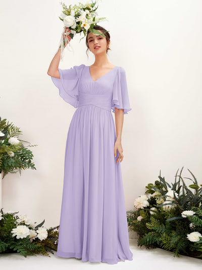 Carlyna Odette A-Line Lilac Bridesmaid Dress Maxi Short Sleeve V-Neck Dress Front View #color_lilac