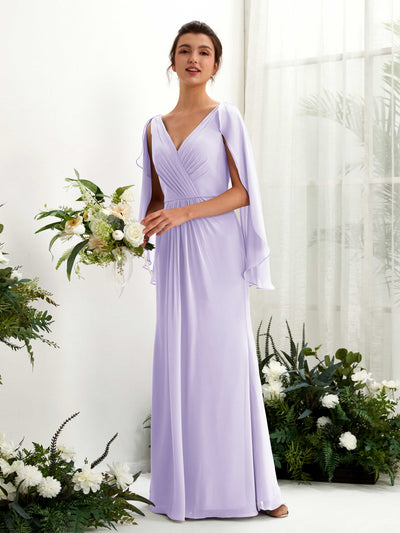 Carlyna Alain A-Line Lilac Bridesmaid Dress Maxi Cap Sleeve V-Neck Dress Front View #color_lilac