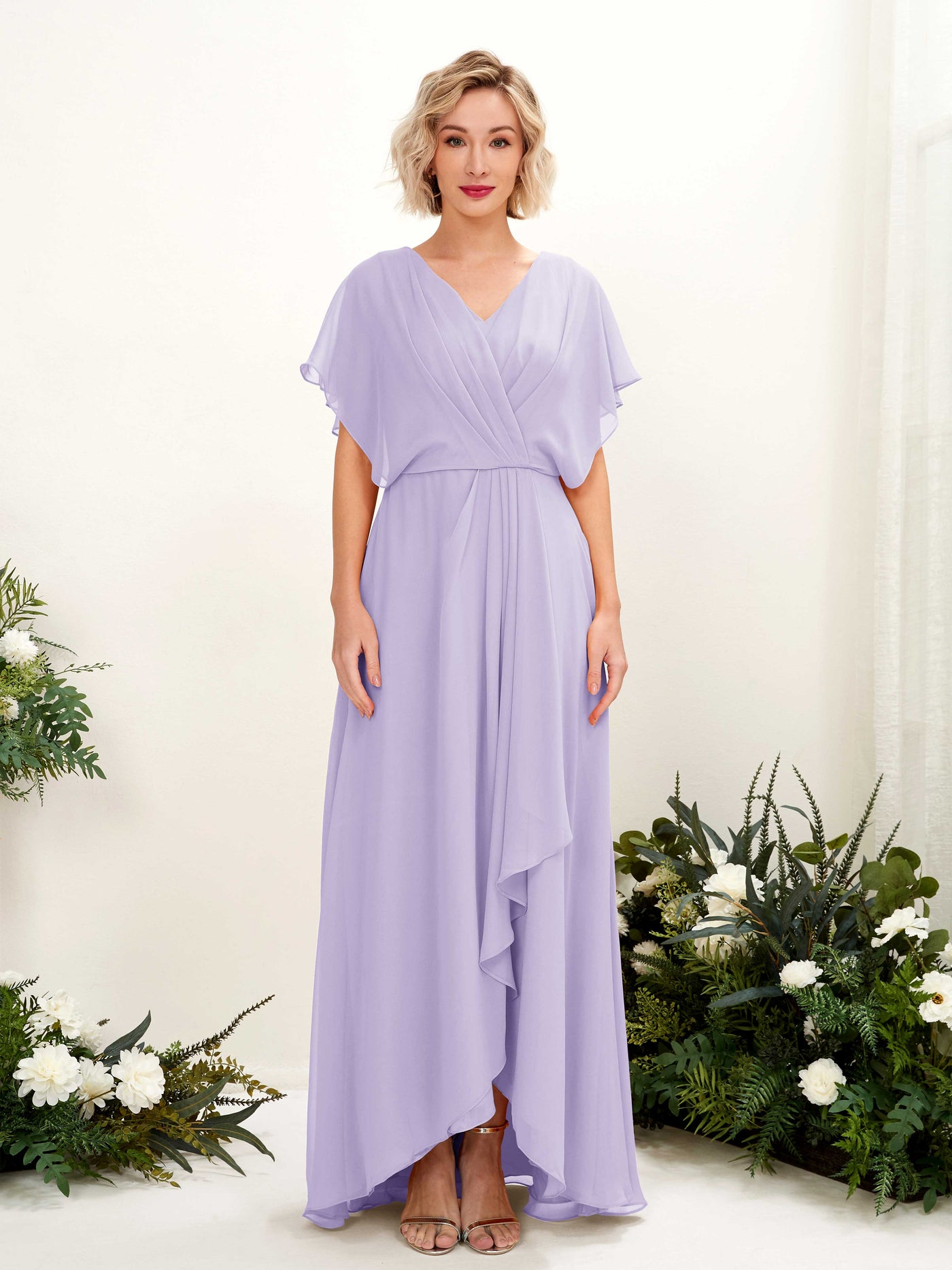 Lilac Bridesmaid Dresses Bridesmaid Dress A-line Chiffon V-neck Full Length Short Sleeves Wedding Party Dress (81222114)#color_lilac