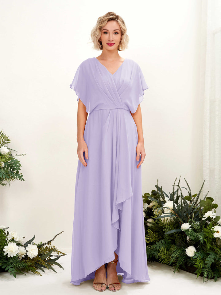 Lilac Bridesmaid Dresses Bridesmaid Dress A-line Chiffon V-neck Full Length Short Sleeves Wedding Party Dress (81222114)