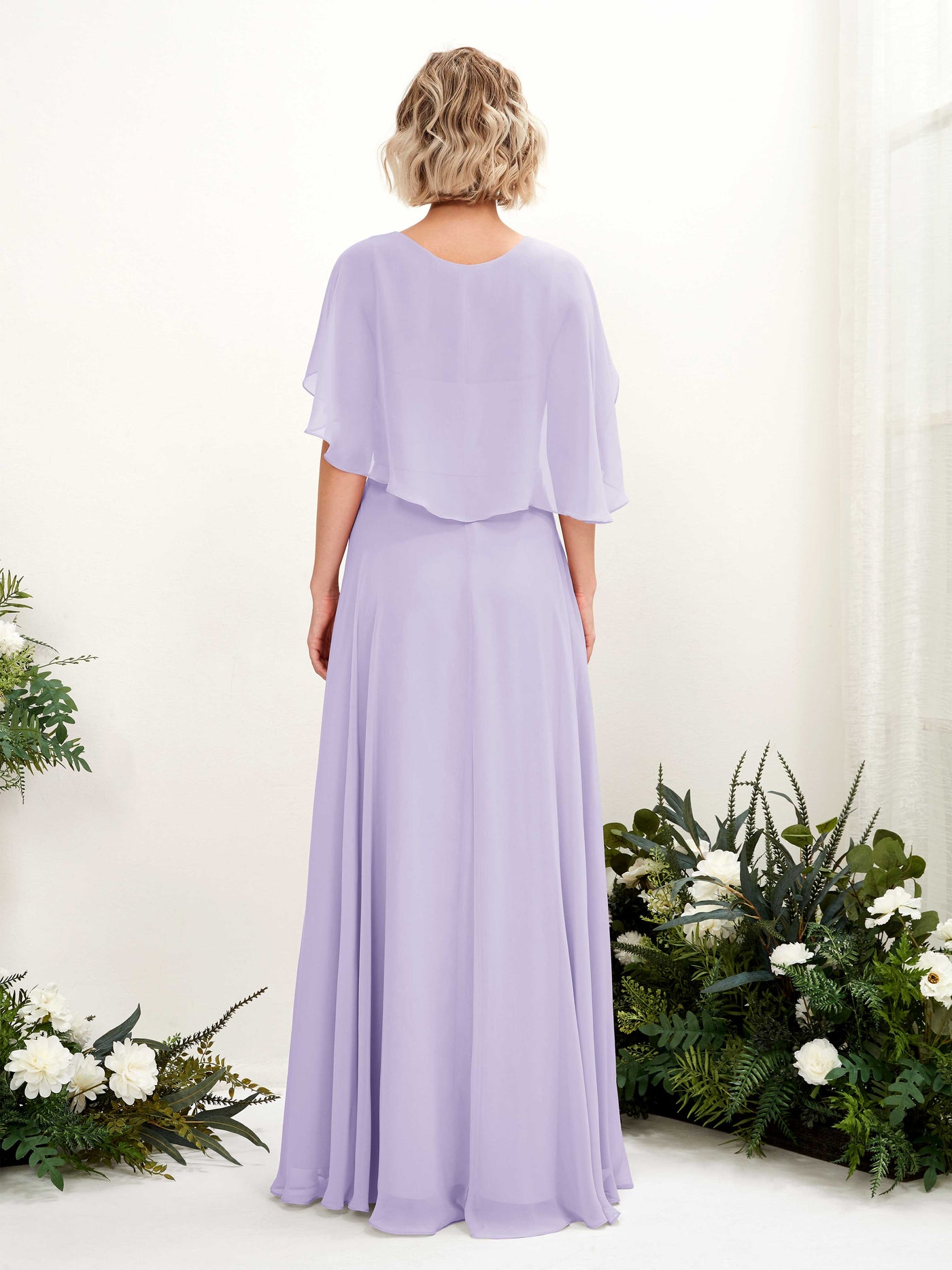 Lilac Bridesmaid Dresses Bridesmaid Dress A-line Chiffon V-neck Full Length Short Sleeves Wedding Party Dress (81224414)#color_lilac