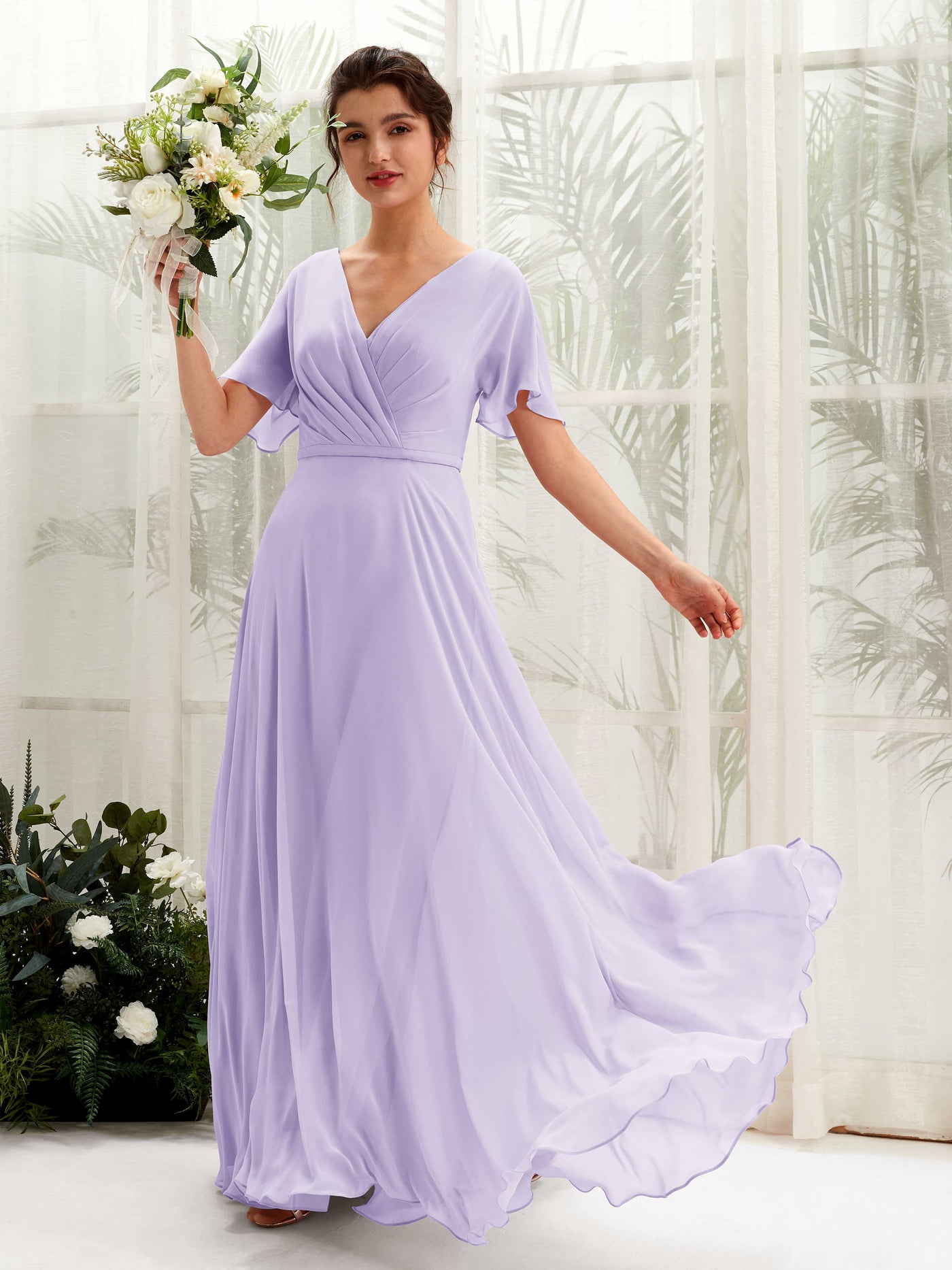 Dusty Lavender Chiffon V-Neck Bridesmaid Dress A-Line Floor-Length