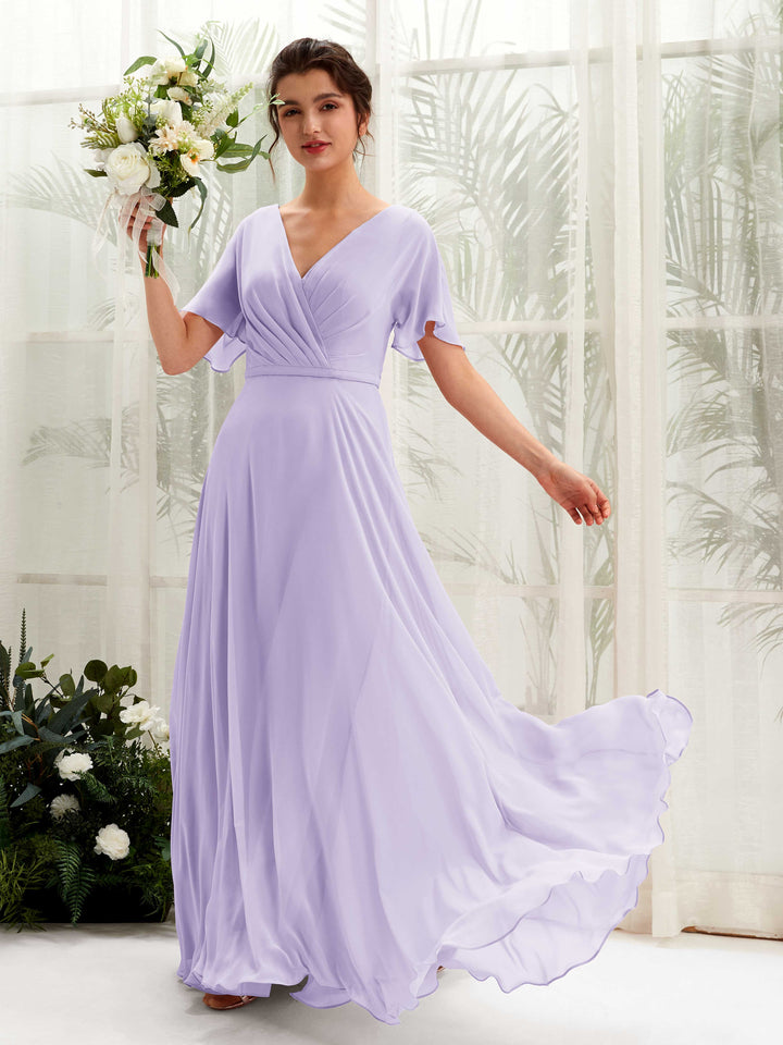Lilac Bridesmaid Dresses Bridesmaid Dress A-line Chiffon V-neck Full Length Short Sleeves Wedding Party Dress (81224614)