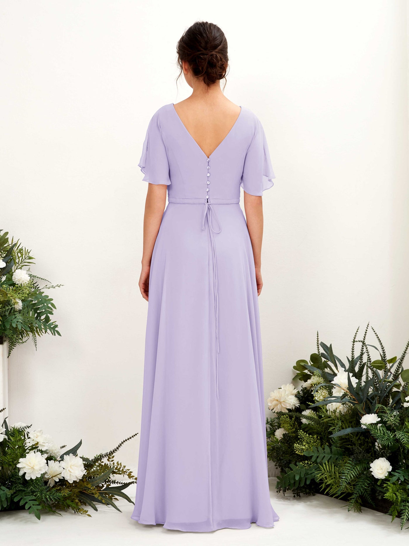 Lilac Bridesmaid Dresses Bridesmaid Dress A-line Chiffon V-neck Full Length Short Sleeves Wedding Party Dress (81224614)#color_lilac