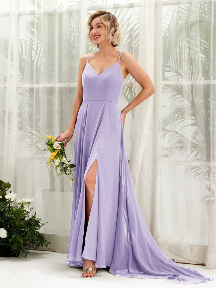 Lilac Bridesmaid Dresses Bridesmaid Dress A-line Chiffon V-neck Full Length Sleeveless Wedding Party Dress (81224114)