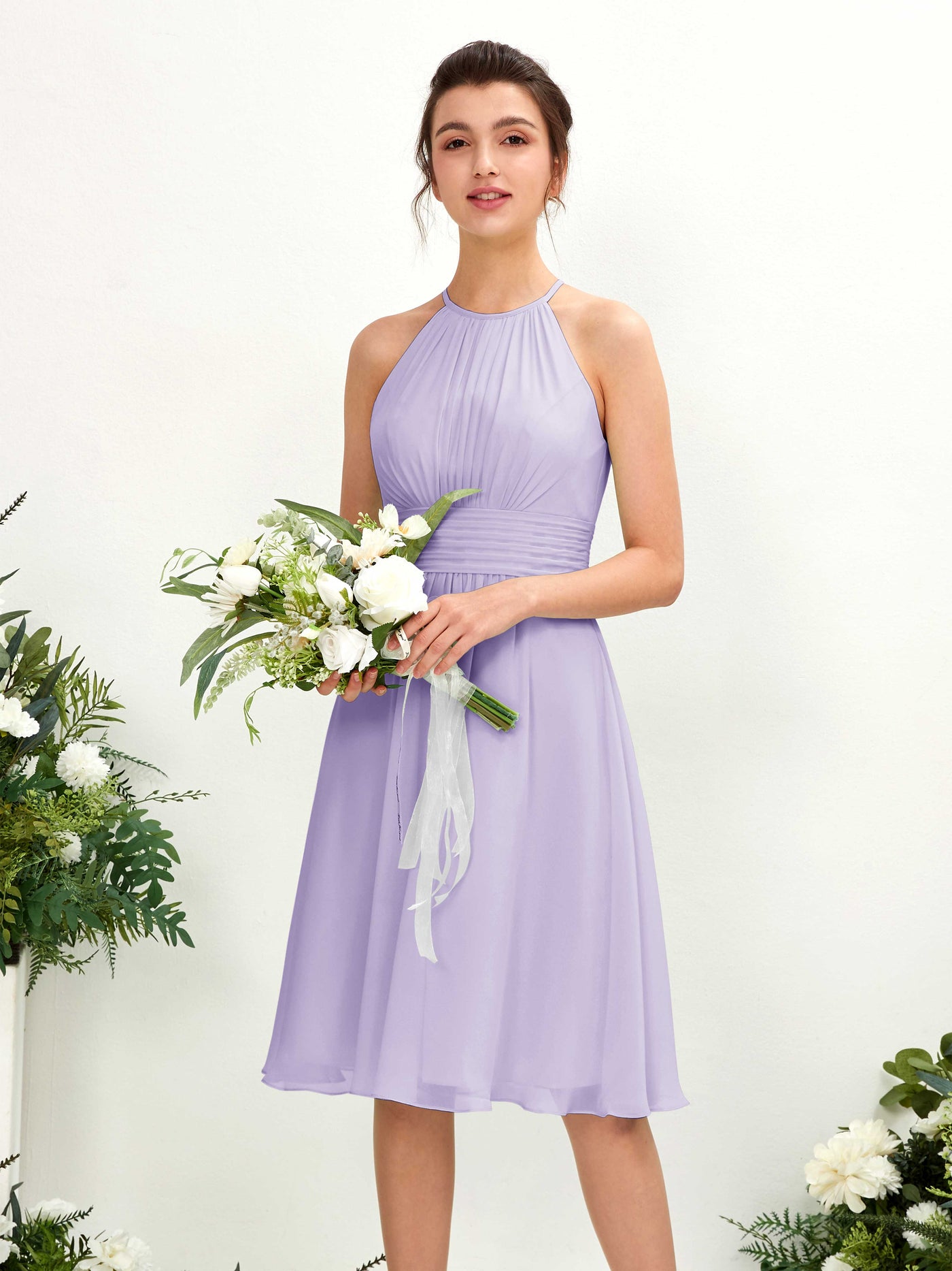 Lilac Bridesmaid Dresses Bridesmaid Dress A-line Chiffon Halter Knee Length Sleeveless Wedding Party Dress (81220114)#color_lilac