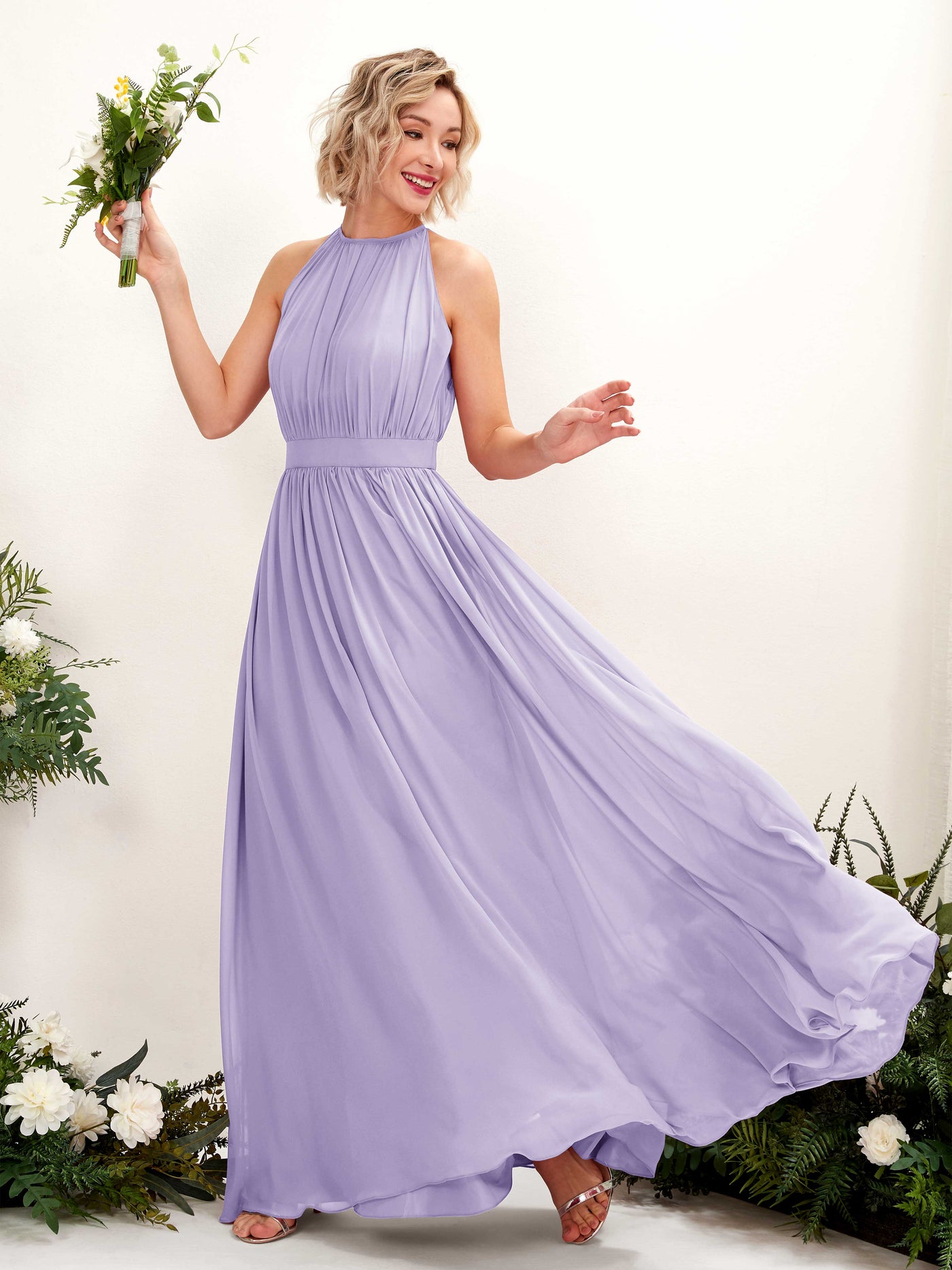 Lilac Bridesmaid Dresses Bridesmaid Dress A-line Chiffon Halter Full Length Sleeveless Wedding Party Dress (81223114)#color_lilac
