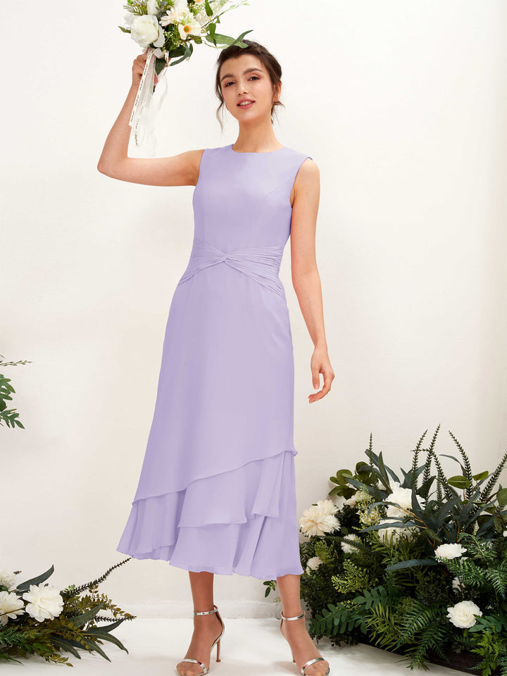 Lilac Bridesmaid Dresses Bridesmaid Dress Mermaid/Trumpet Chiffon Round Tea Length Sleeveless Wedding Party Dress (81221914)