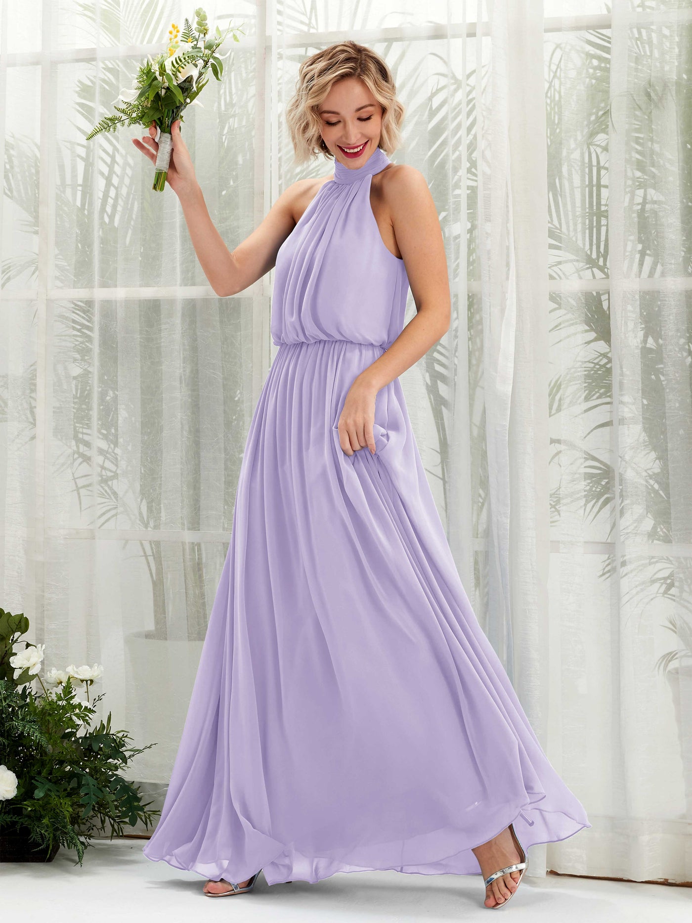 Lilac Bridesmaid Dresses Bridesmaid Dress A-line Chiffon Halter Full Length Sleeveless Wedding Party Dress (81222914)#color_lilac