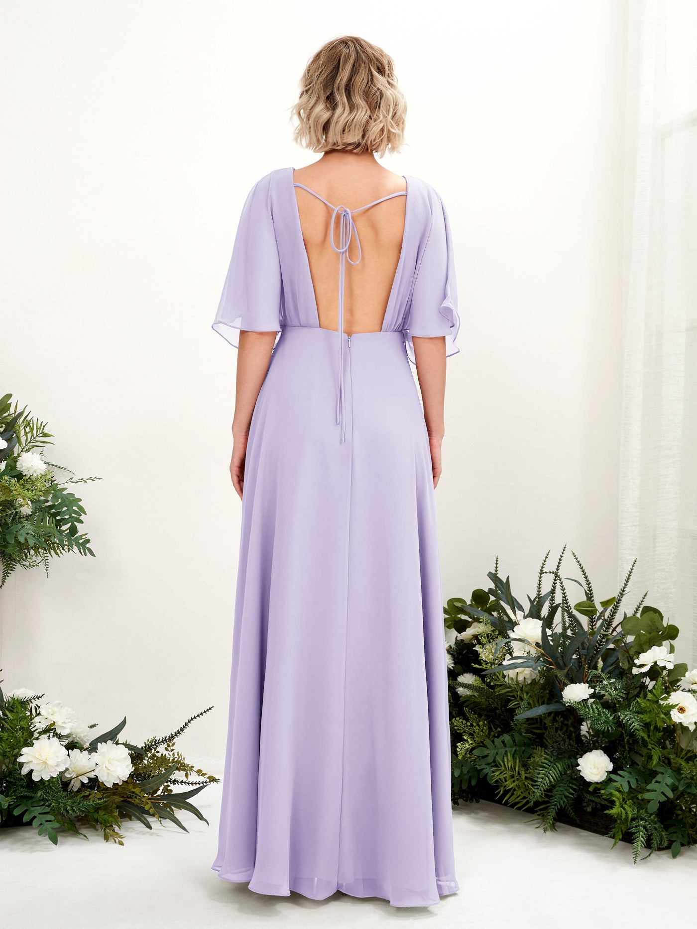 Lilac Bridesmaid Dresses Bridesmaid Dress A-line Chiffon V-neck Full Length Short Sleeves Wedding Party Dress (81225114)#color_lilac