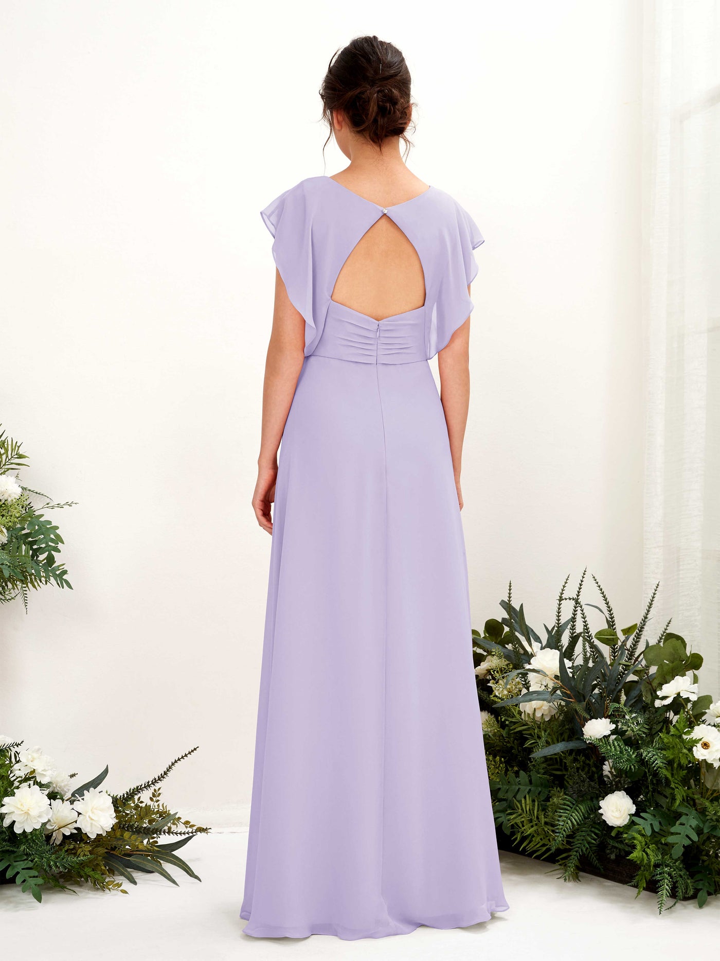 Lilac Bridesmaid Dresses Bridesmaid Dress A-line Chiffon V-neck Full Length Short Sleeves Wedding Party Dress (81225614)#color_lilac