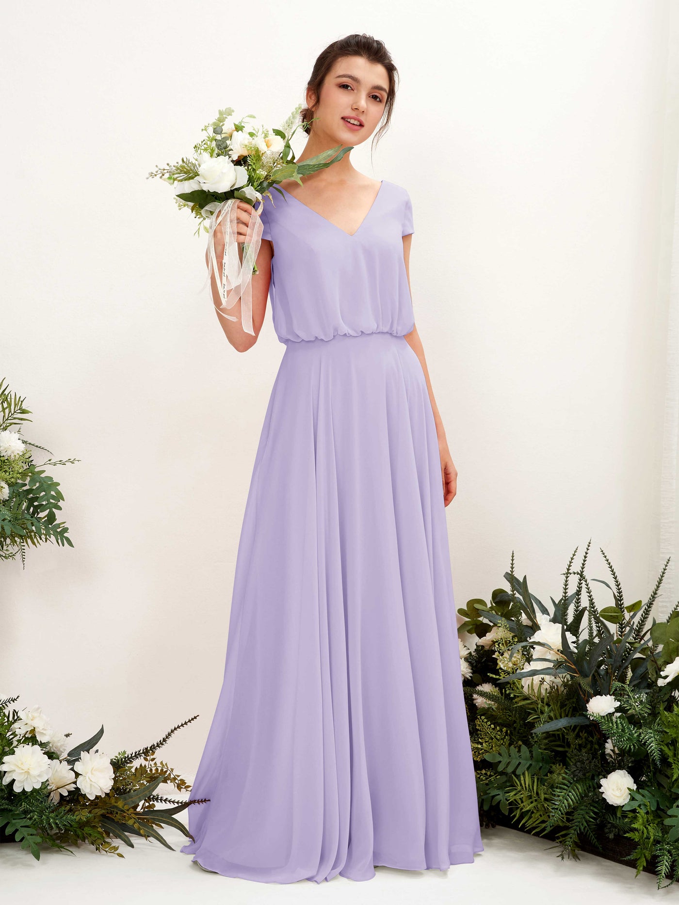 Lilac Bridesmaid Dresses Bridesmaid Dress A-line Chiffon V-neck Full Length Short Sleeves Wedding Party Dress (81221814)#color_lilac