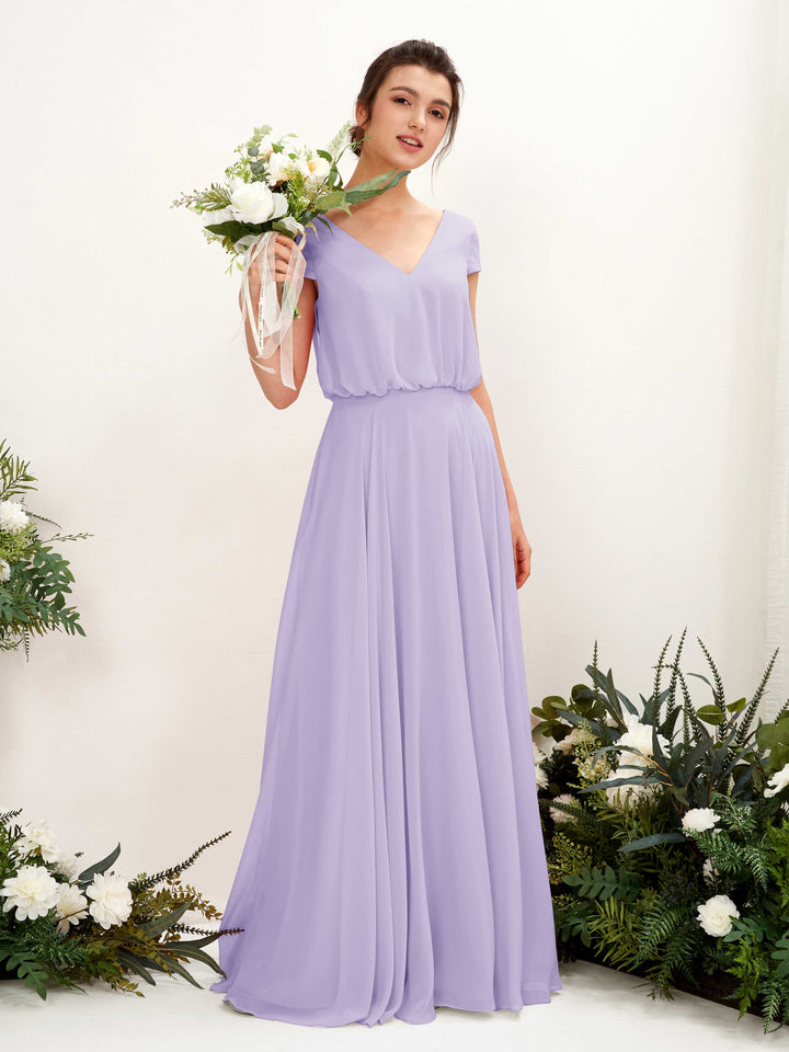 Lilac Bridesmaid Dresses Bridesmaid Dress A-line Chiffon V-neck Full Length Short Sleeves Wedding Party Dress (81221814)