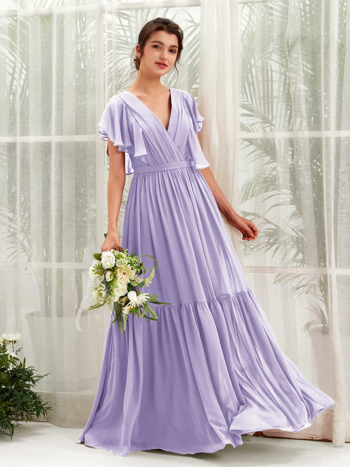 Lilac Bridesmaid Dresses Bridesmaid Dress A-line Chiffon V-neck Full Length Short Sleeves Wedding Party Dress (81225914)