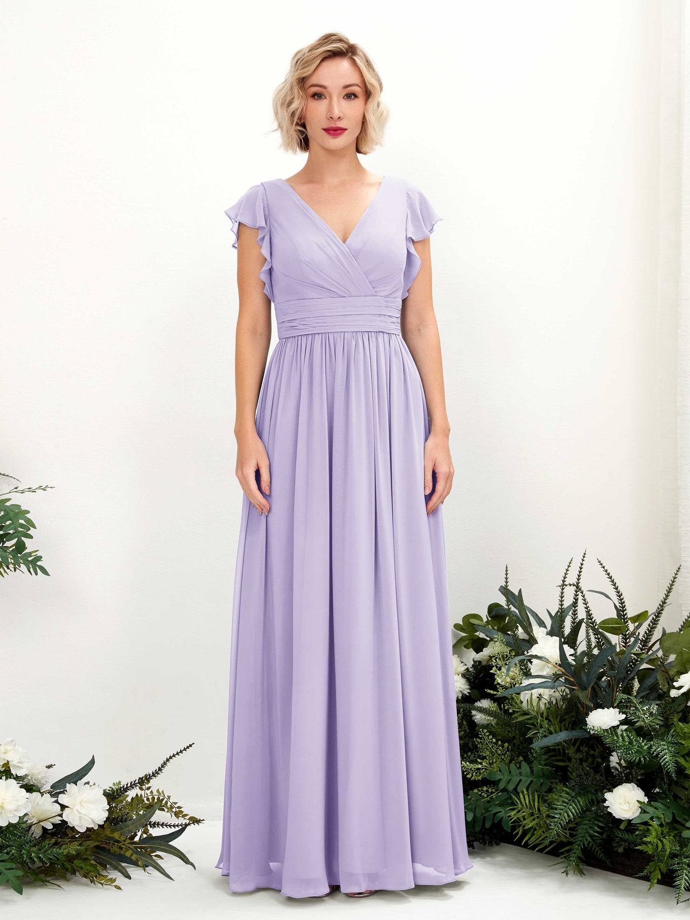 Lilac Bridesmaid Dresses Bridesmaid Dress A-line Chiffon V-neck Full Length Short Sleeves Wedding Party Dress (81222714)#color_lilac