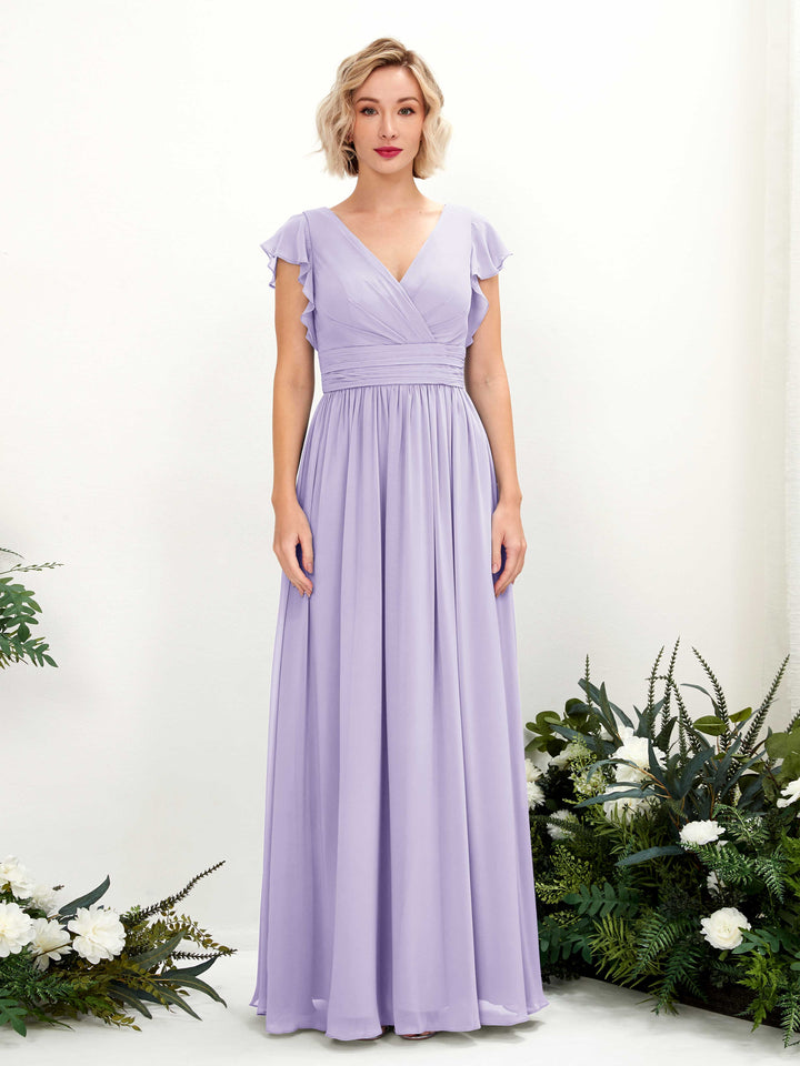 Lilac Bridesmaid Dresses Bridesmaid Dress A-line Chiffon V-neck Full Length Short Sleeves Wedding Party Dress (81222714)