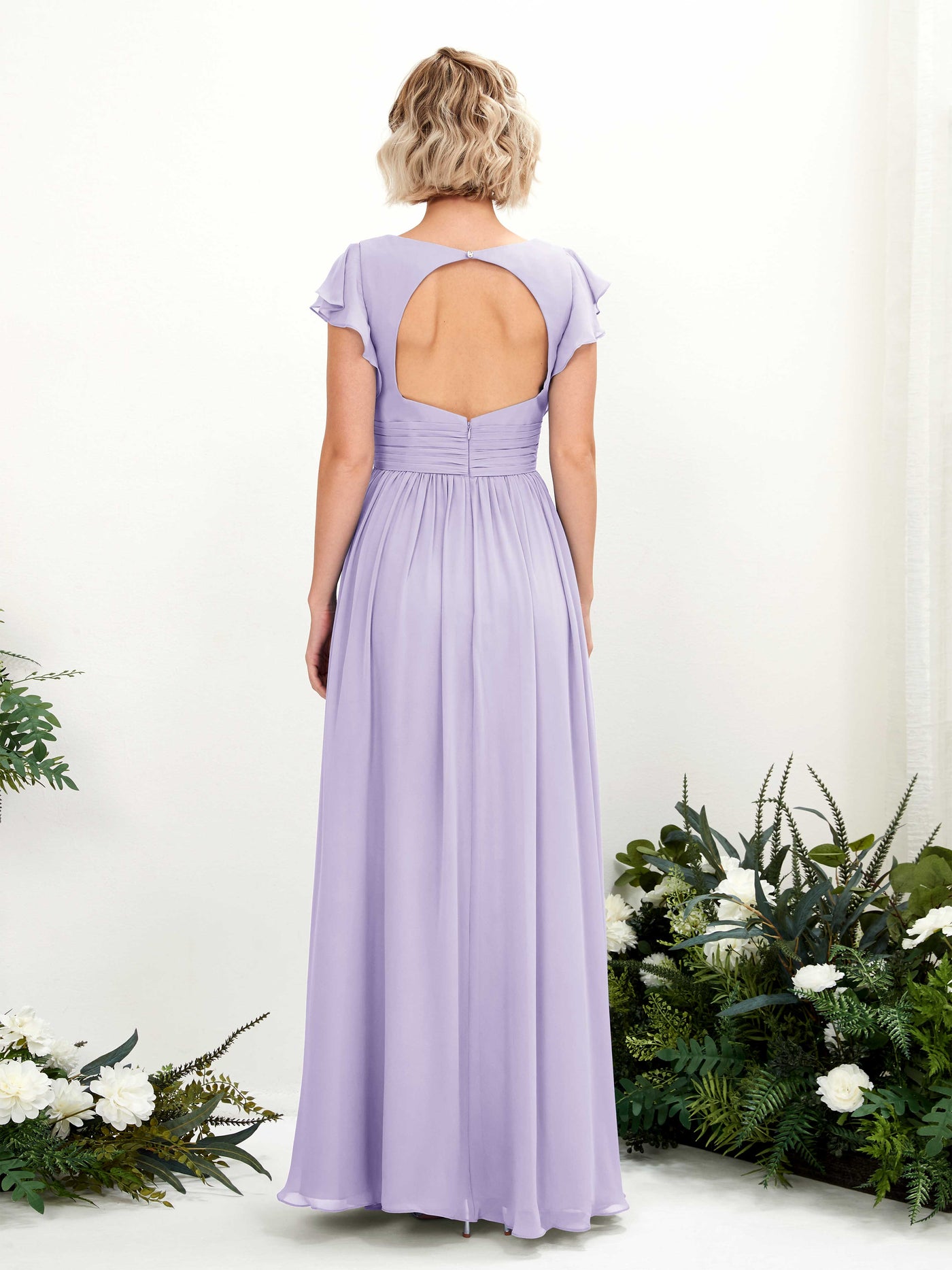 Lilac Bridesmaid Dresses Bridesmaid Dress A-line Chiffon V-neck Full Length Short Sleeves Wedding Party Dress (81222714)#color_lilac