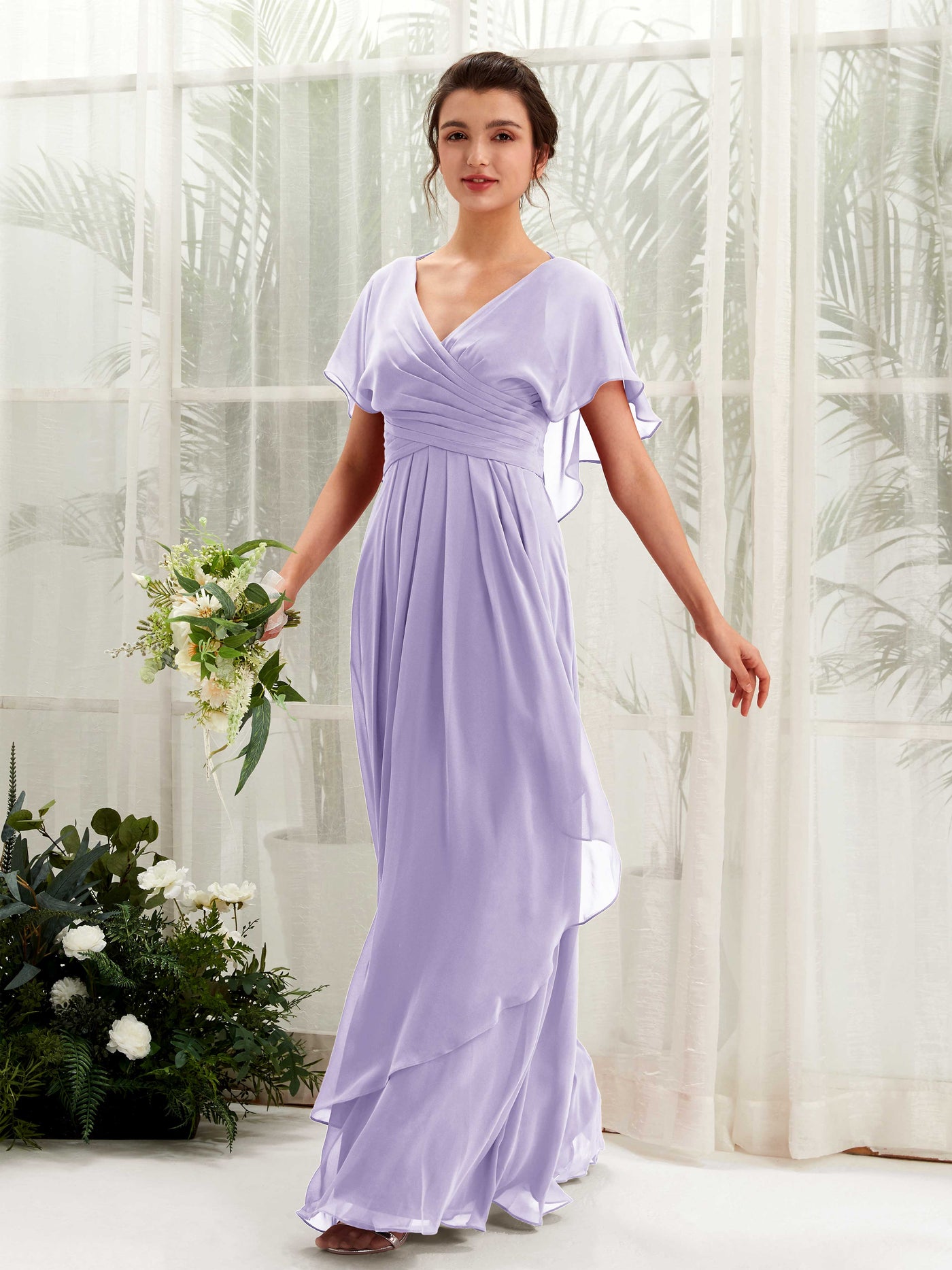 Open back V-neck Short Sleeves Chiffon Bridesmaid Dress - Lilac (81226114)#color_lilac