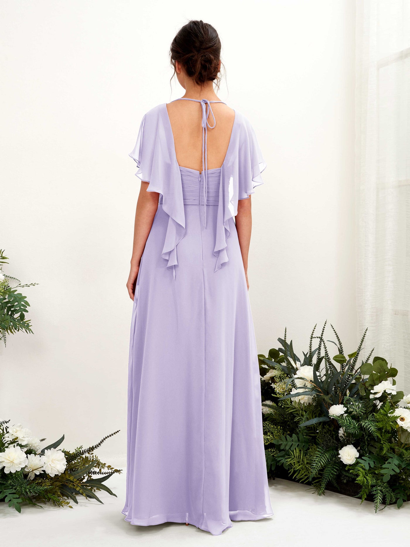 Open back V-neck Short Sleeves Chiffon Bridesmaid Dress - Lilac (81226114)#color_lilac