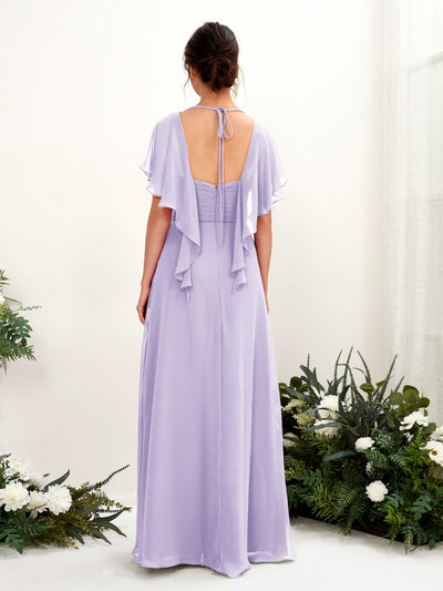 Carlyna Darlene A-Line Lilac Bridesmaid Dress Maxi Short Sleeve V-Neck Dress Back View #color_lilac