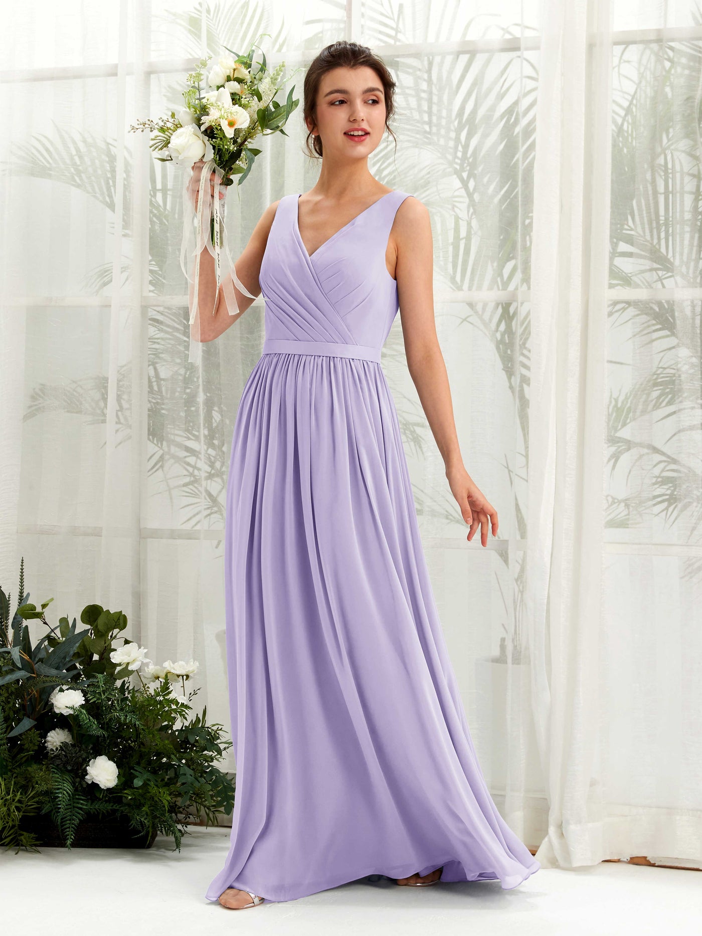 Lilac Bridesmaid Dresses Bridesmaid Dress A-line Chiffon V-neck Full Length Sleeveless Wedding Party Dress (81223614)#color_lilac