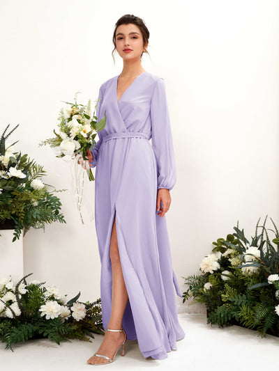 Carlyna Elsie A-Line Lilac Bridesmaid Dress Maxi Long Sleeve V-Neck Front View #color_lilac