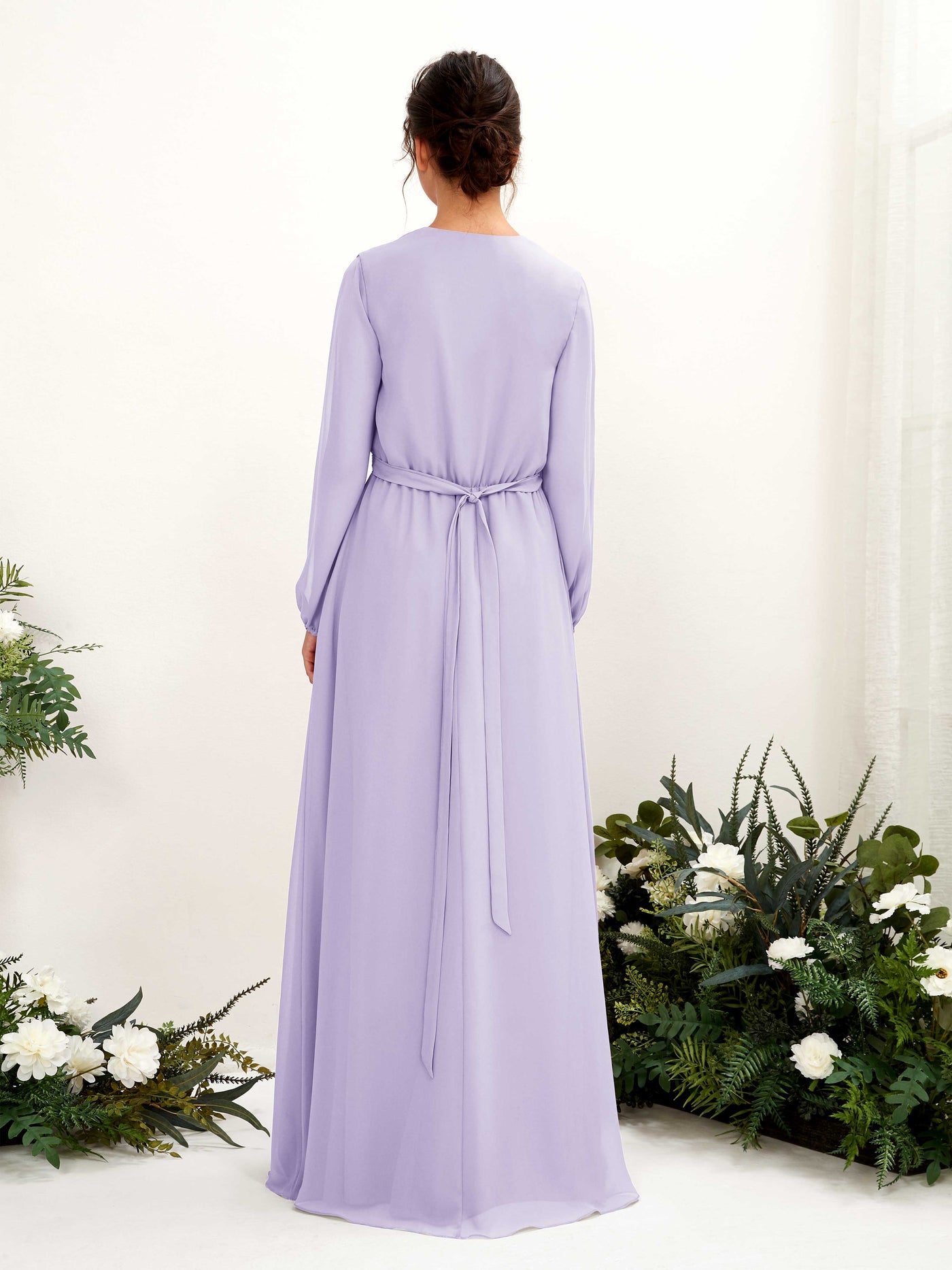 Lilac Bridesmaid Dresses Bridesmaid Dress A-line Chiffon V-neck Full Length Long Sleeves Wedding Party Dress (81223214)#color_lilac