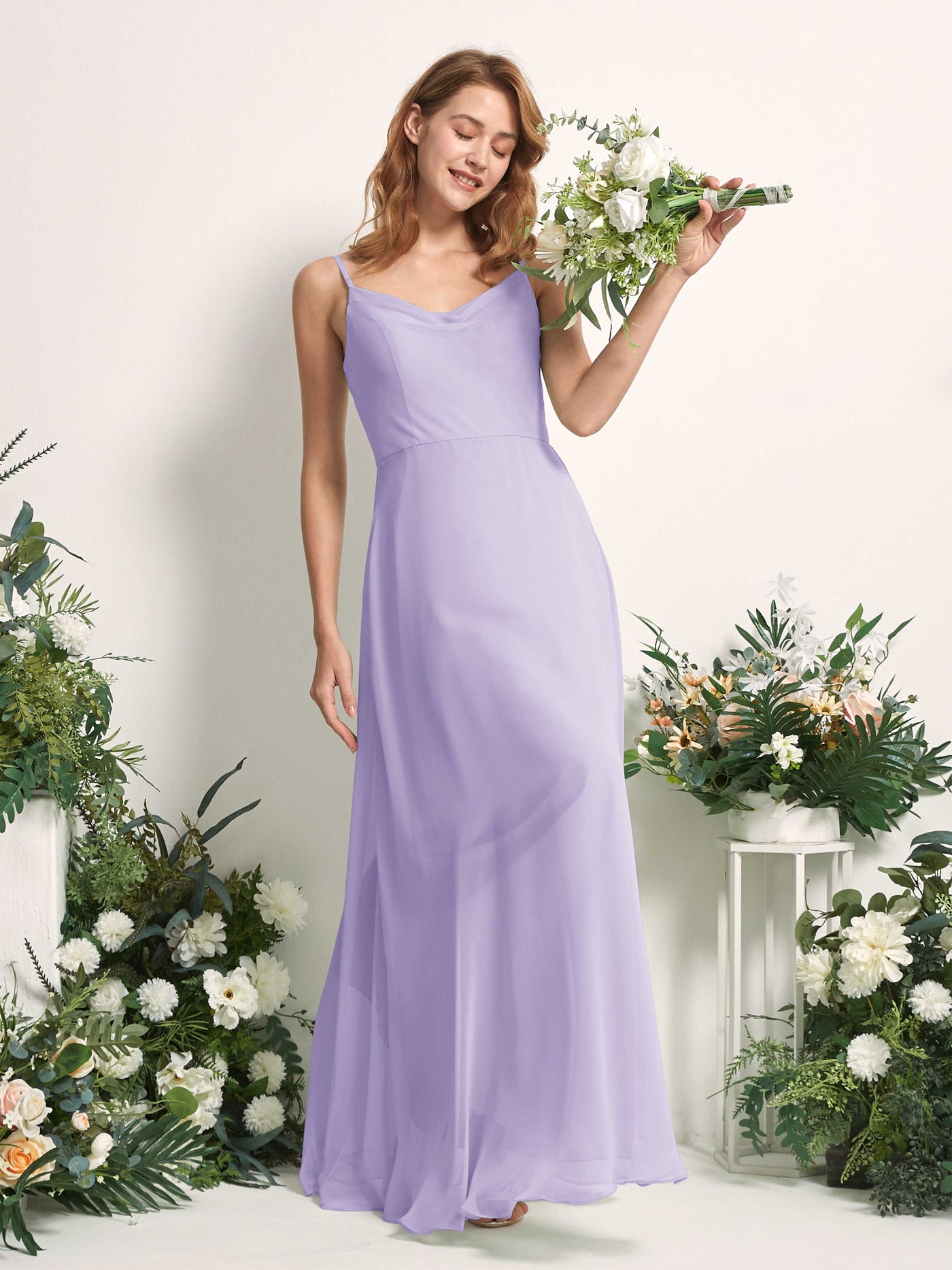 Bridesmaid Dress A-line Chiffon Spaghetti-straps Full Length Sleeveless Wedding Party Dress - Lilac (81227214)#color_lilac