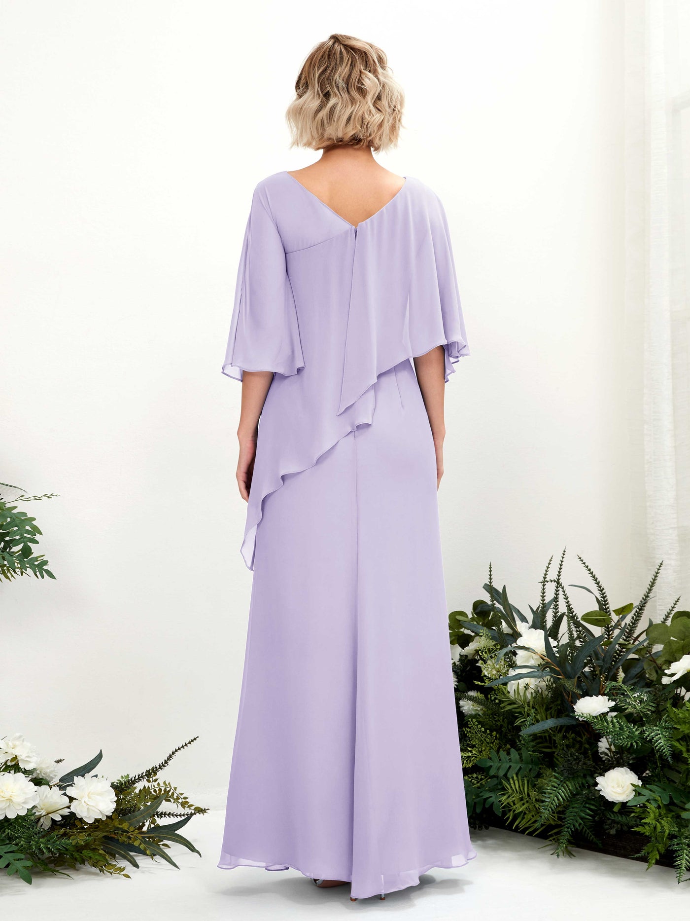 Lilac Bridesmaid Dresses Bridesmaid Dress Bohemian Chiffon V-neck Full Length 3/4 Sleeves Wedding Party Dress (81222514)#color_lilac
