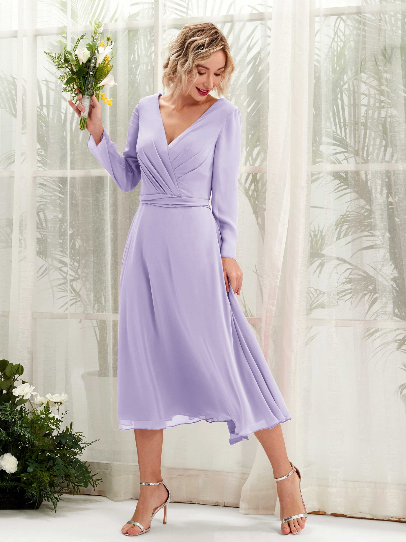 Lilac Bridesmaid Dresses Bridesmaid Dress Chiffon V-neck Tea Length Long Sleeves Wedding Party Dress (81223314)#color_lilac