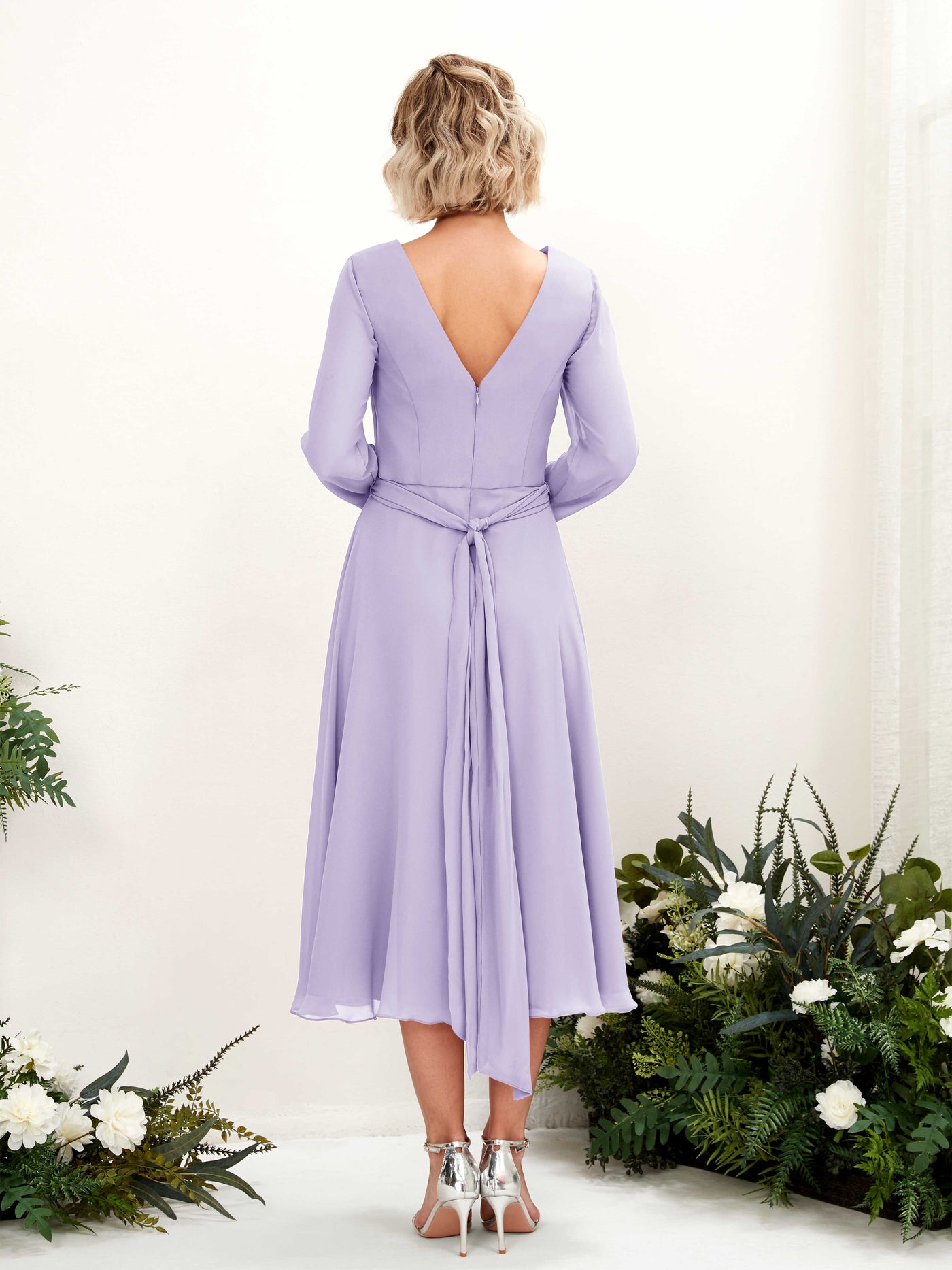 Lilac Bridesmaid Dresses Bridesmaid Dress Chiffon V-neck Tea Length Long Sleeves Wedding Party Dress (81223314)#color_lilac