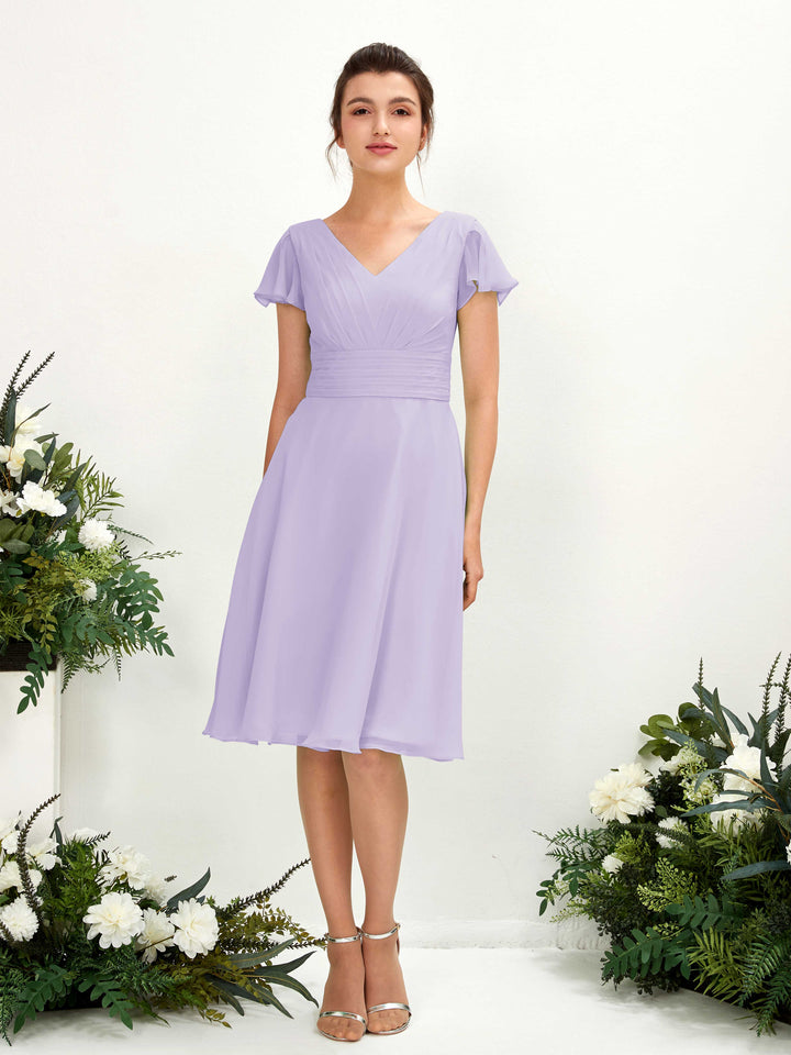 Lilac Bridesmaid Dresses Bridesmaid Dress Chiffon V-neck Knee Length Short Sleeves Wedding Party Dress (81220214)