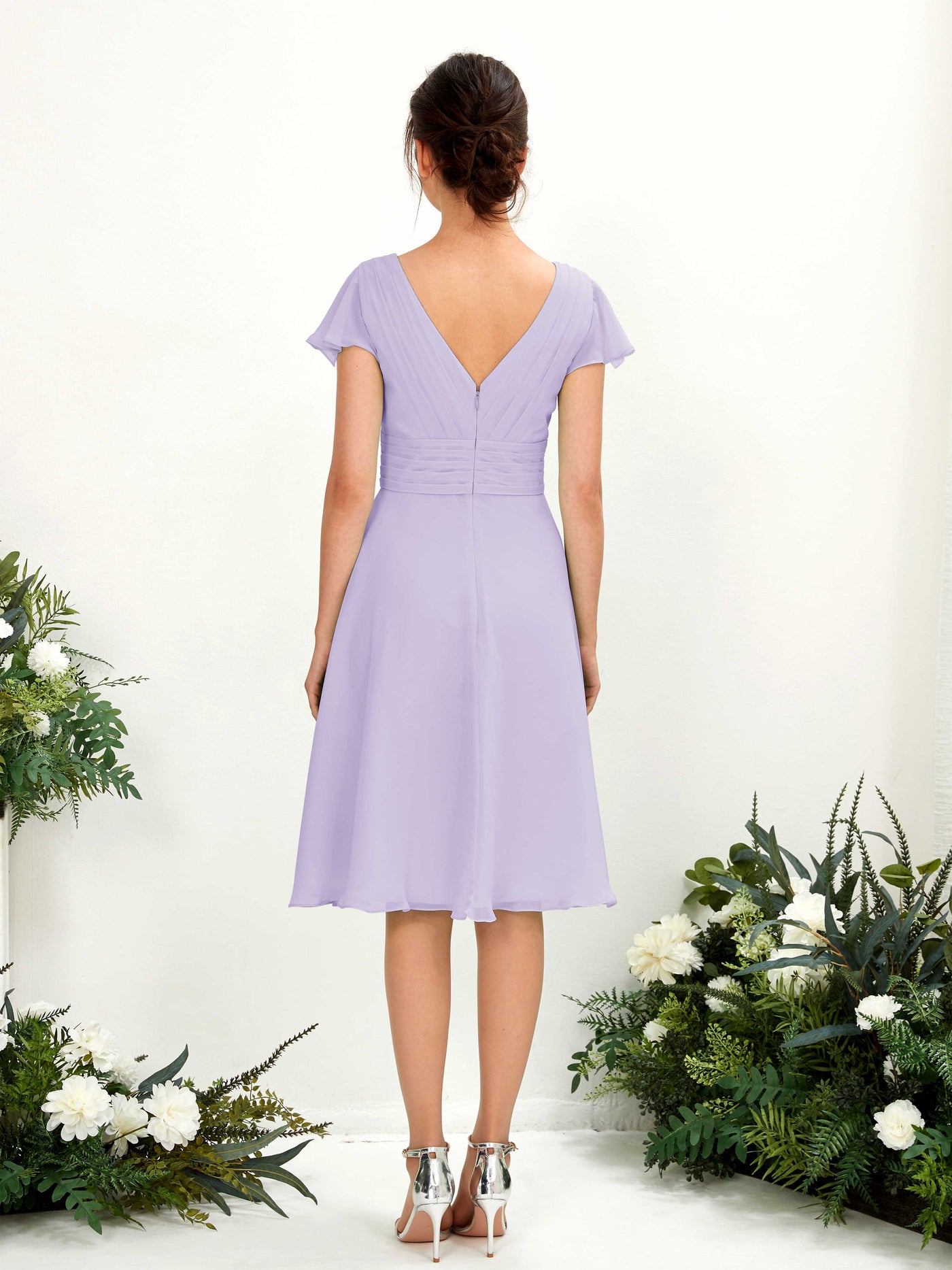 Lilac Bridesmaid Dresses Bridesmaid Dress Chiffon V-neck Knee Length Short Sleeves Wedding Party Dress (81220214)#color_lilac