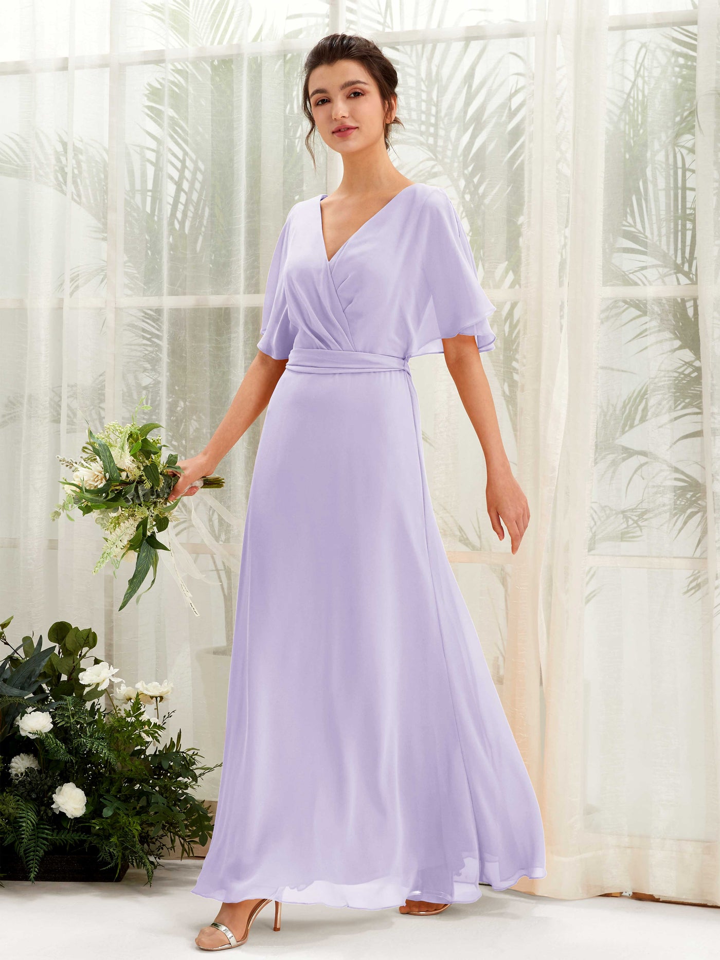 Purple Chiffon V-Neck Bridesmaid Dress A-Line Floor-Length