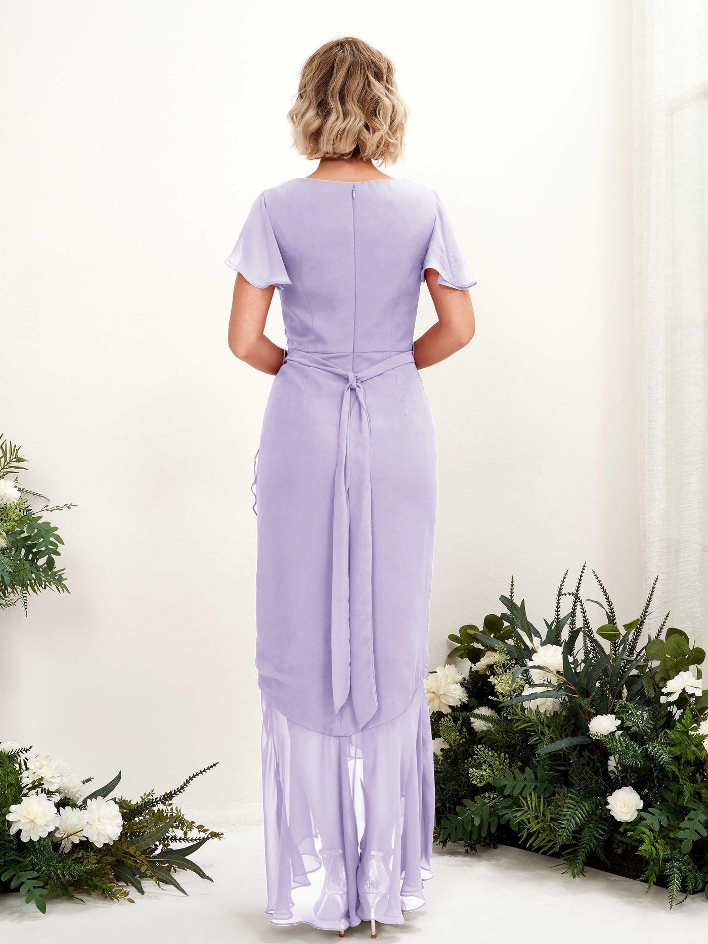 V-neck Short Sleeves Chiffon Bridesmaid Dress - Lilac (81226214)#color_lilac